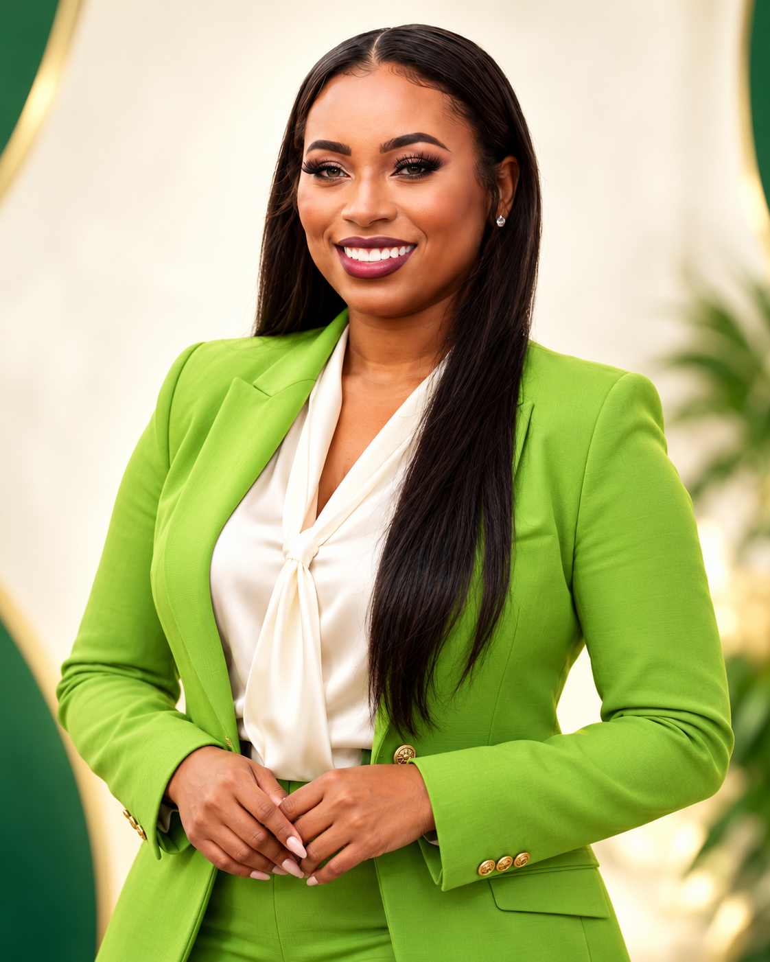 Trenique B. Garrett, founder of Tax Genyus, in a lime green blazer